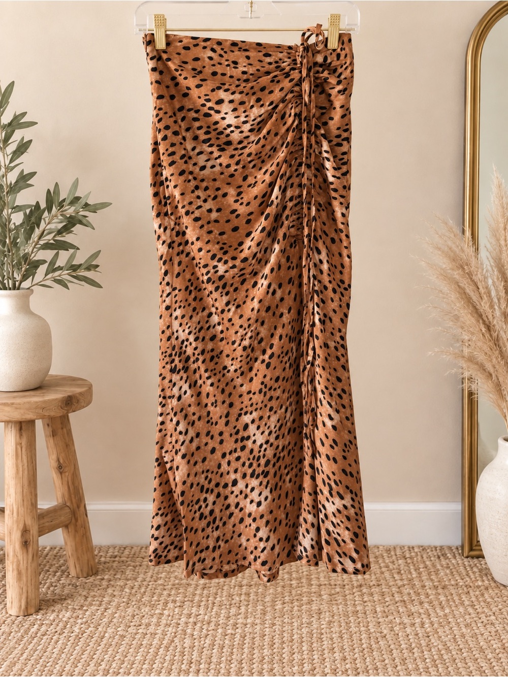 CIDER Cheetah Leopard Print Satin Ruched Midi Skirt Brown Black Size S